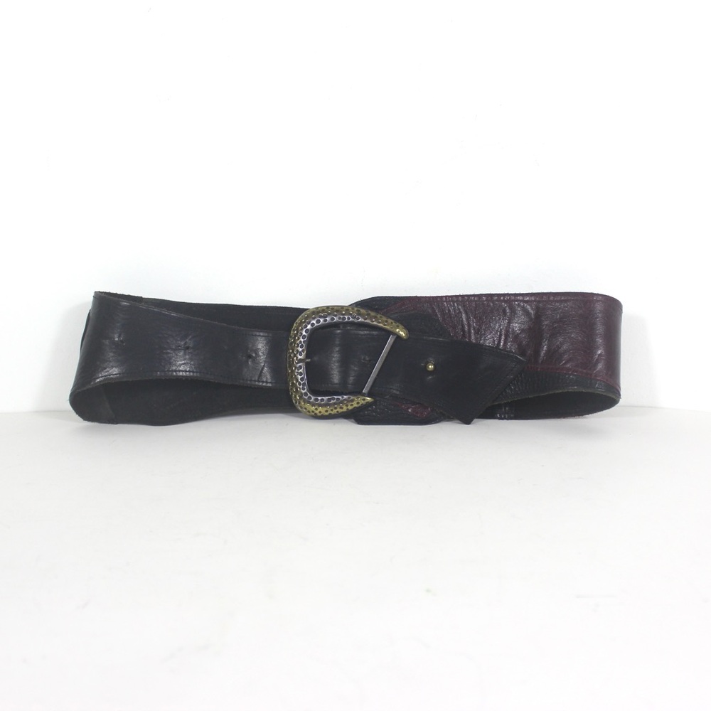 True Vintage Black and Burgundy Maroon Leather Belt Wide Asymmetrical Patchwork